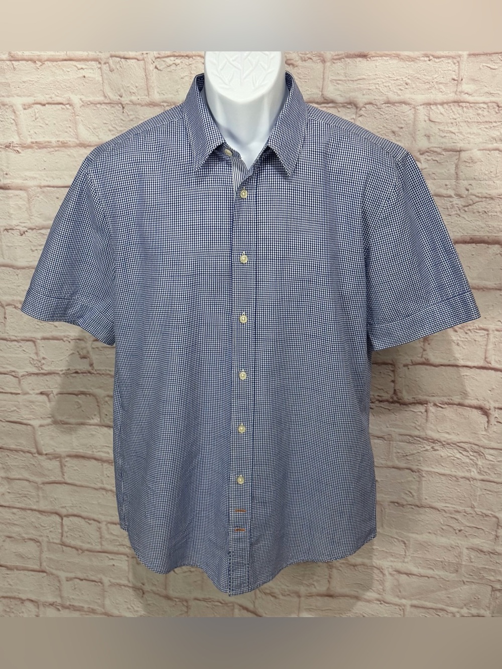 Hugo Boss Orange Shirt Mens L Blue White Gingham Check Short Sleeve Button Up
